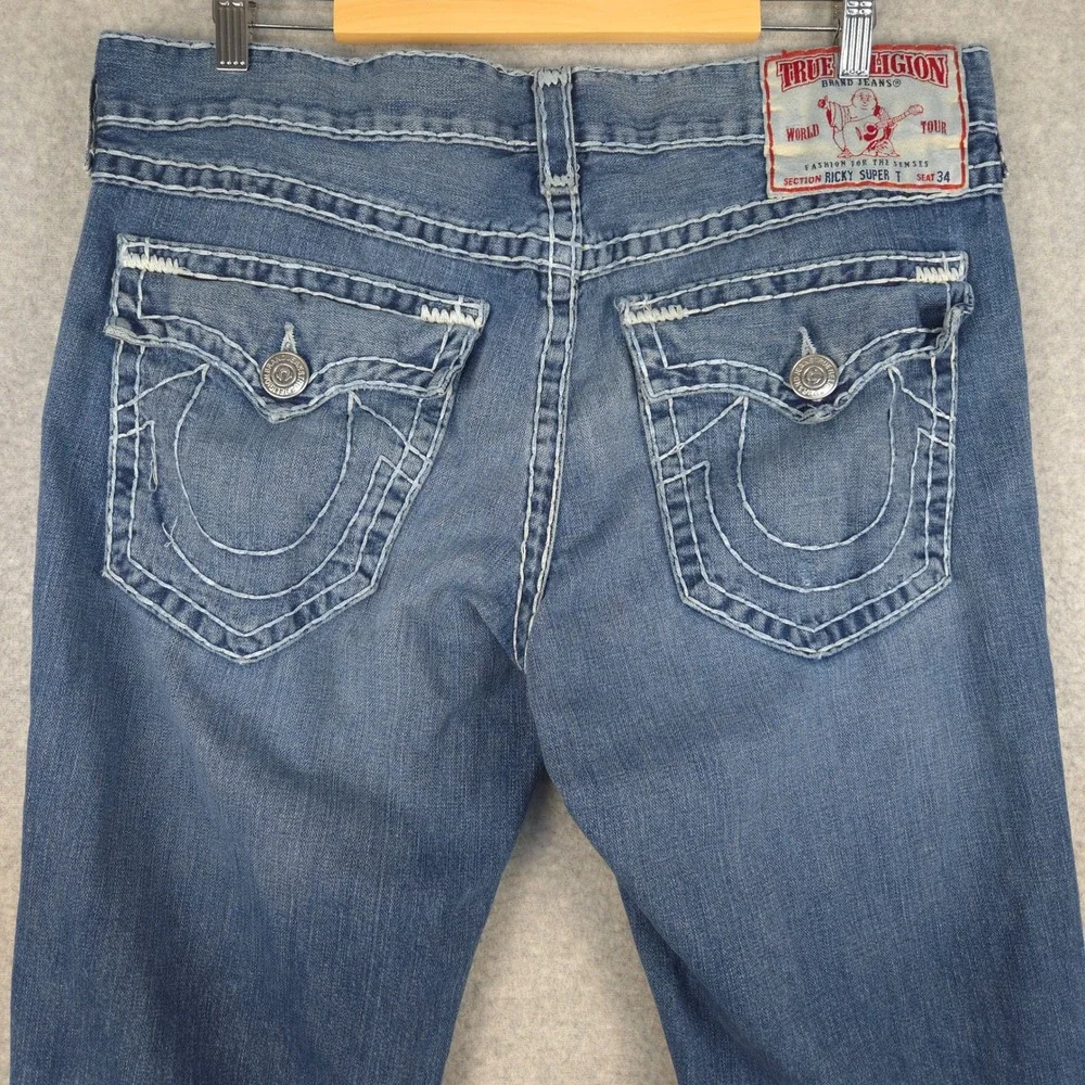 True Religion Ricky Super T Jeans Distressed USA Made Size 38 (Fits 37x33)‎ READ